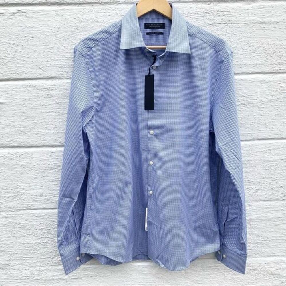 Bloomingdale’s Blue Checkered Slim Fit Long Sleeve Dress Shirt 16 New